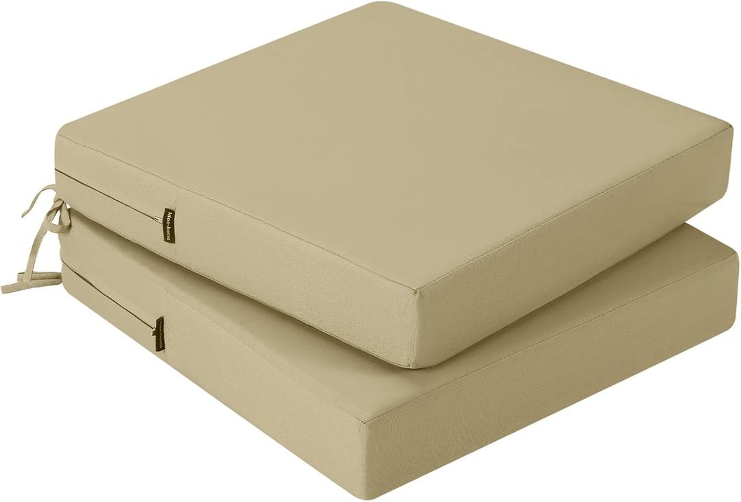 idee-home Outdoor Chair Cushions Set of 2, Waterproof Outdoor Seat Cushions for Patio Furniture, Outside Replacement Chair Pad with Ties for Lawn Deck Porch, 19 x 19 (Light Khaki)