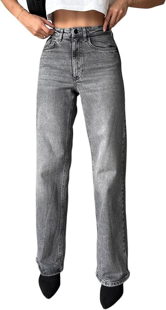 Women's Straight Leg Denim High Waist Baggy Casual Stretchy Loose Jeans, Small