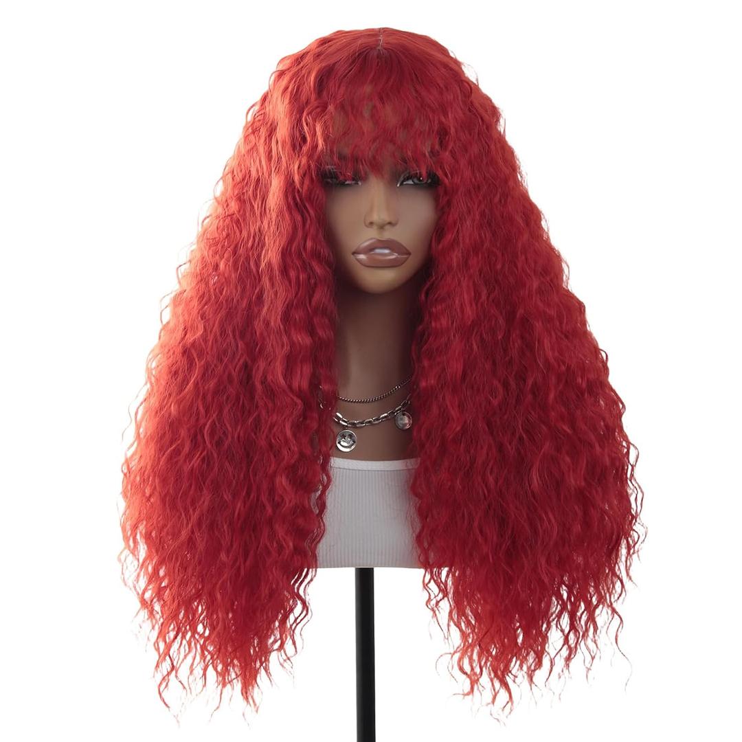 Curly Wig for Women and Girls Long Afro Curls Wigs with Bangs Synthetic Hair Replacement Wigs for Cosplay and Daily Use Red Curly Wig 26 Inch