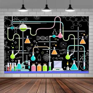 Chemical Science Fun Birthday Backdrop, Black Mad Scientist Chemical Experiments Party Decoration Background for Girl Boy, Colorful Beakers Measuring Cup Photography Background for School Class 10x8ft (Multi)