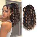 QGZ Ponytail Extension Drawstring Ponytail for Black Women 18 Inch Synthetic Long Afro Curly Fluffy Ponytail for Daily Use(Dark Brown with Golden Blonde Highlights)
