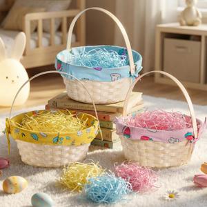 Lanpn Natural Bamboo Easter Basket 3PCS with Removable Bunny Fabric Liner and Raffia Grass for Egg Hunt Candy Picnic Seasonal Decoration (Yellow Pink Blue) (Natural Wood Color)