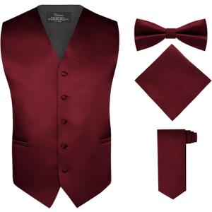 S.H. Churchill & Co. Men's 4 Piece Vest Set, with Bow Tie, Neck Tie & Pocket Hankie (Red), M