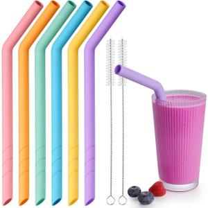 NiHome 6-Pack Extra Wide Reusable Bent Silicone Straws for Boba, Smoothies, Bubble Tea, Bent Straws Eco-Friendly & Colorful for Thick Drinks, Child-Safe, Customizable Length, 2 Brushes Easy Cleaning (Rainbow Colors)