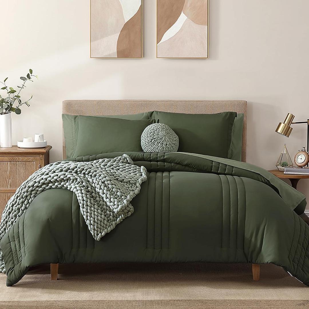 Monbix King Size Comforter Set - 7 Pieces Bed in a Bag King, Olive Green Bedding Sets with Comforter, All Seasons Comforter Bed Set with Sheets, Pillowcases & Shams