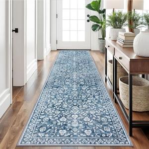 Vintage 2.6x10 Hallway Runner, Blue and White Washable Non-Slip Long Hallway Carpet, Super Soft Kitchen Runner, Print Faux Wool Floral Thin Carpet for Entryway