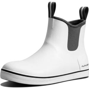 Furuian Men's Deck Boots Fishing Boots Waterproof Rain Boots Ankle Booties Slip On Neoprene Rubber Footwear Chelsea Boots Men botas para hombre for Gardening Fishing Boating Camping Sailing (White, M)