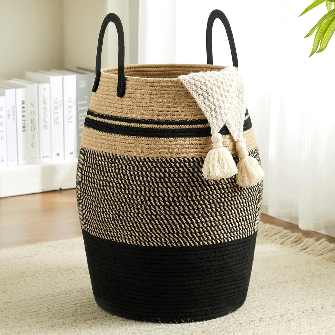 Fiona's magic 65L Cotton Rope Laundry Hamper, Large Woven Tall Laundry Basket for Storage Clothes and Toy in Bedroom, Living Room Organizing, Collapsible, Brown & Black