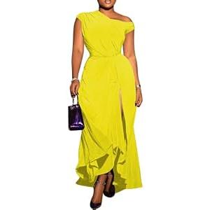Seltaon Summer One Shoulder Maxi Dresses for Women Elegant A Line Formal Cocktail Dress Wedding Guest Yellow XXL
