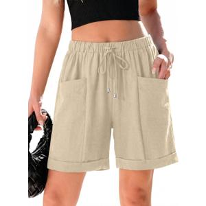 SHEWIN Women Shorts Casual Drawstring Linen Shorts for Women High Waisted 5 Inch Inseam Womens Summer Pants with Pockets, 2XL, Apricot