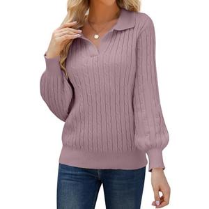 JUSTFASHIONNOW Womens Sweaters Polo V Neck Cable Knit Sweater Dressy Casual Pullover Jumper Tops Fall Winter Trendy (Pink, S)