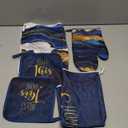 Bencailor 6 Pcs Marble Kitchen Decor Gold Pot Holders Oven Mitts 2 Dish Towels 1 Farmhouse Cooking Mittens Oven Glove and Potholder for Baking Cooking Grilling Supply Accessories(Blue)