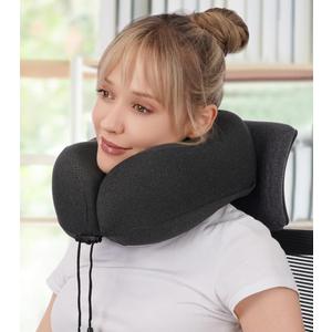 MLVOC Travel Pillow 100% Pure Memory Foam Neck Pillow, Comfortable & Breathable Cover, Machine Washable, Airplane Travel Kit with 3D Contoured Eye Masks, Earplugs, and Luxury Bag, Standard (Black)