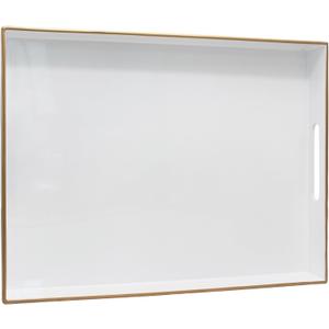 15.8" x 11.8" White Plastic Serving Tray with Gold Trim and Handles, Decorative Rectangular Tray for Ottoman, Coffee Table, Kitchen Counter, Bathroom Vanity, Heavy-Duty & Easy to Clean