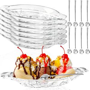 8 Set Acrylic Banana Split Dish Clear Banana Boats Serving Bowls with Steel Spoon for Ice Cream Sundae Fruits Yogurt Snack Brownies Glass Salad Plates, 8oz, one size fits all