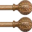 2 Pack Wood Curtain Rods for Windows 48 to 84 Inch, 1'' Adjustable Decorative Drapery Rods with Imitation Wood Grain Leaf Pattern Finials, Boho Heavy Duty Window Curtain Rods Set 36''-88''