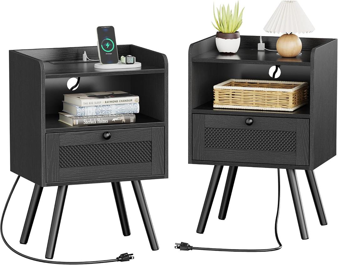 SUPERJARE Nightstands with Charging Station, Bedside Table Set of 2 with Texilene Surface Drawers, Rattan Side Table with Storage & Solid Wood Feet, End Table for Bedroom, All Black