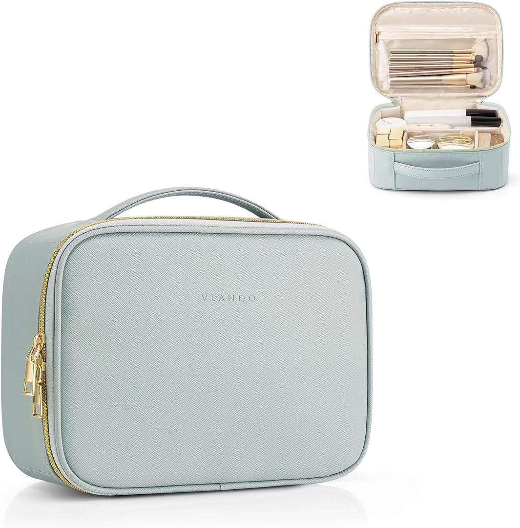 Vlando Travel Makeup Bag,Portable Cosmetic Bag Makeup Case Organizer, Makeup Bag with Adjustable Dividers for Women,Girls,Wedding,Cosmetic Brushes,Toiletry,Gifts,Anniversary-Blue