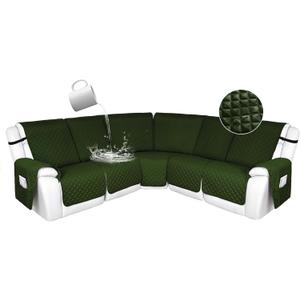 HDCAXKJ 100% Waterproof Reclining Sectional Couch Covers L Shape Recliner Sofa Cover Washable Quilted Soft Pet Dog Corner Recliner Slipcovers with Pockets (5 Seat Recliner Couch, Olive Green)