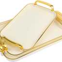 Serving Tray with Handles Set of 3 Rectangular Large Serving Platters 16.5/14.9/13.2 Inch White Plates for Dinner, Party, Entertaining, Cream Gold