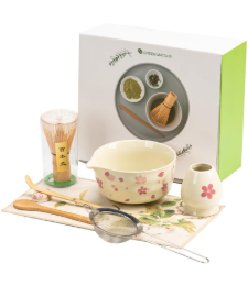 Matcha Set 8-Piece Japanese Tea Ceremony Kit with Ceramic Bowl, Bamboo Whisk & Holder, 2 Scoops, Strainer, Tea Cloth - Complete Gift Set for Traditional Brewing(Gradient flower)