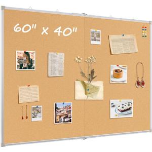 Double-Sided Large Cork Board, 60" x 40" Foldable Hanging Aluminum Framed Bulletin Board, Vision Board Pin Board Corkboards for Walls, Office, School Decor