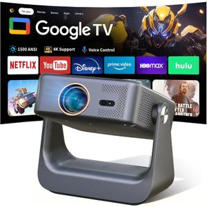Official Licensed Google TVSmart TV Projector with WiFi and Bluetooth, Portable Projector 4K Supported, Native 1080P, 1500 ANSI, Voice Input, Auto Focus, Mini Proyector for Home Cinema, iOS/Android