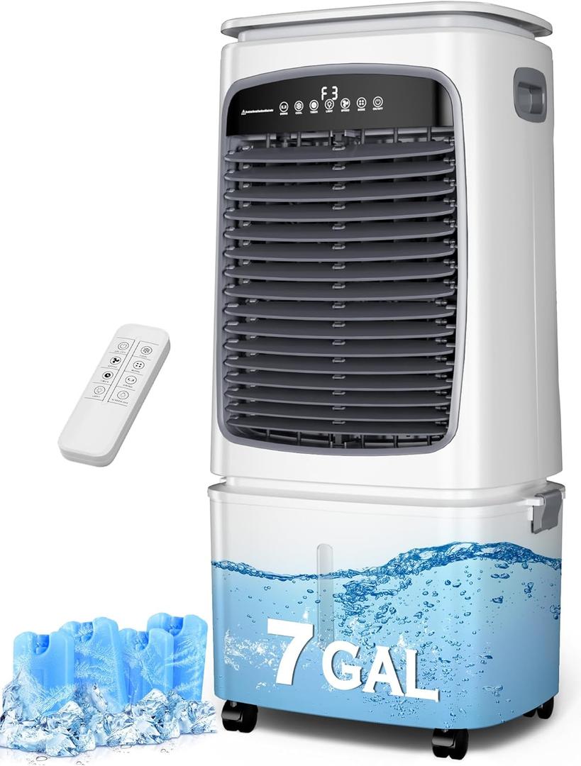 Uthfy Swamp Cooler, 3-IN-1 Evaporative Air Cooler with 7 Gallon Water Tank, 4 Ice Box, Remote, 12H Timer, 120°Oscillation, Portable Air Conditioner, Cooling Fan for Bedroom Indoor Outdoor Use