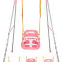 3-in-1 Toddler Swing Set, Indoor & Outdoor Baby Swing Heavy Duty Swing Set with Foldable Metal Stand for Aged 6 Months to 10 Years Old, Easy to Assemble and Store (Pink)