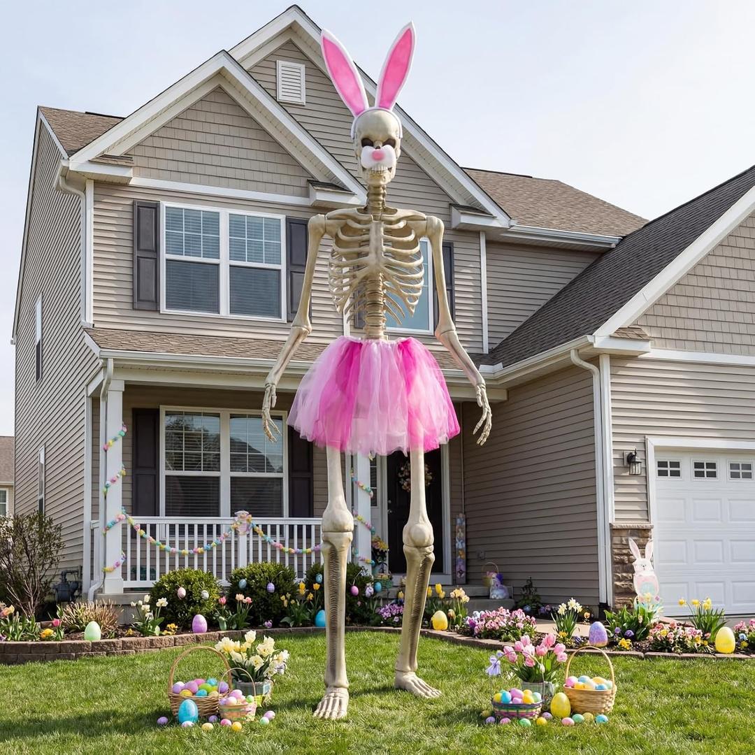 3 Pcs 12ft Skeleton Easter Outfit Set, Large Pink Bunny Costume Accessories Includes Big Tutu Skirt Rabbit Ears Headband and Nose, Giant Skeleton Clothes for Outdoor Holiday Yard Decor
