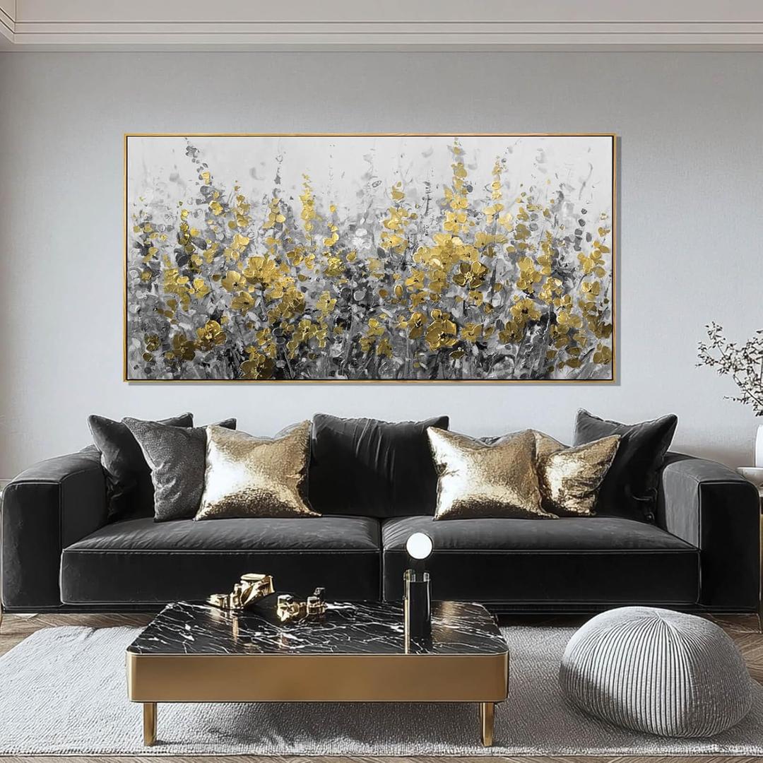 Framed Gold and Grey Abstract Flower Canvas Wall Art 24x48 Inch Textured Floral Painting Modern Decorative Artwork for Living Room Bedroom Office