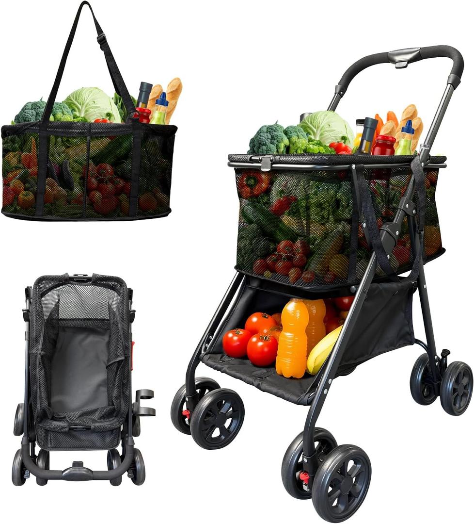 Folding Shopping Cart with Wheels, 80lbs Capacity Shopping Carts for Groceries, Detachable Baskets & 360Swivel Wheels Collapsible Shopping Carts with Double Basket for Laundry, Camping, Transport