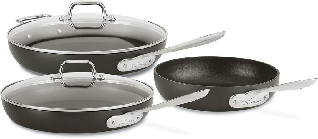 All-Clad HA1 Hard Anodized Nonstick Fry Pan Set  3-Piece Cookware, 8", 10", 12" Skillets with Lid, Induction Compatible, Oven Safe to 500F, Lid Safe to 350F, Black
