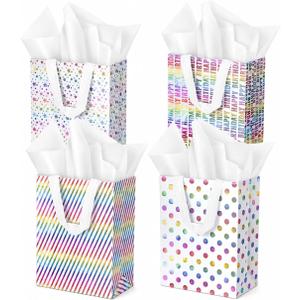 Ranfashiong 4 Pcs 10" Medium Size Birthday Gift Bag with Tissue Paper, Reusable Non Woven Totes Bags with Handle for Boys, Girls, Baby Shower Party Supplies