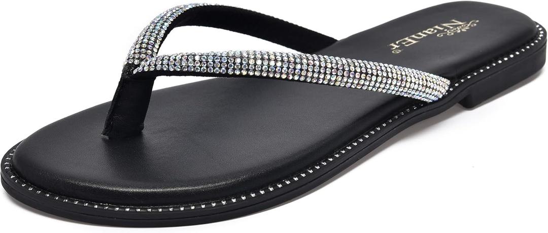 NianEr Womens Microfiber Leather Comfort Foam Rhinestone Glitter Sparkly Dress Flip Flop Sandals Summer Cute Flat Slides (Black)