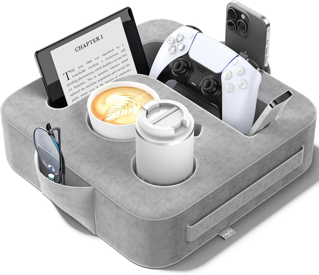 Couch Cup Holder Pillow, Sofa and Bed Caddy for iPad, Kindle, Switch, Game Controller, Remotes, Phones, Small-Sized Cup & Drink Holder for Couch, Bed, Desk, Car, Beach, Bathroom Cup Holder (Ash Gray)