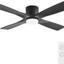 WINGBO 48 Inch Flush Mount DC Ceiling Fan with Lights and Remote, 4 Reversible Carved Wood Blades, 6-Speed Noiseless DC Motor, Hugger Ceiling Fan in Black Finish, Low Profile Ceiling Fans, ETL Listed