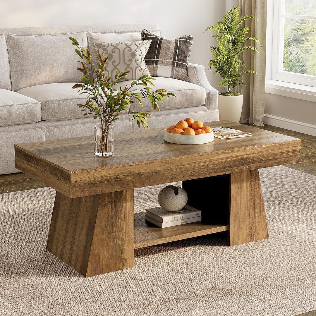 Tohomeor Coffee Table, 47.24" Farmhouse Wooden Rectangular Accent Center Tables with Storage Shelf Thick Base for Living Room, Home Office, Retro Brown, 23.62"D x 47.24"W x 19.69"H