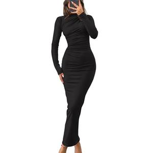 ZESICA Women's Fall 2025 Long Sleeve Bodycon Maxi Dresses Sexy Ruched Crew Neck Slim Fit Cocktail Party Dress,Black,Large. Size L.
