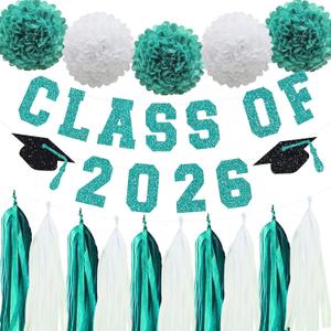 Teal Class Of 2026 Graduation Banner Pom Poms Flowers Paper Tassel Garland Decoration College Grad Party Supplies