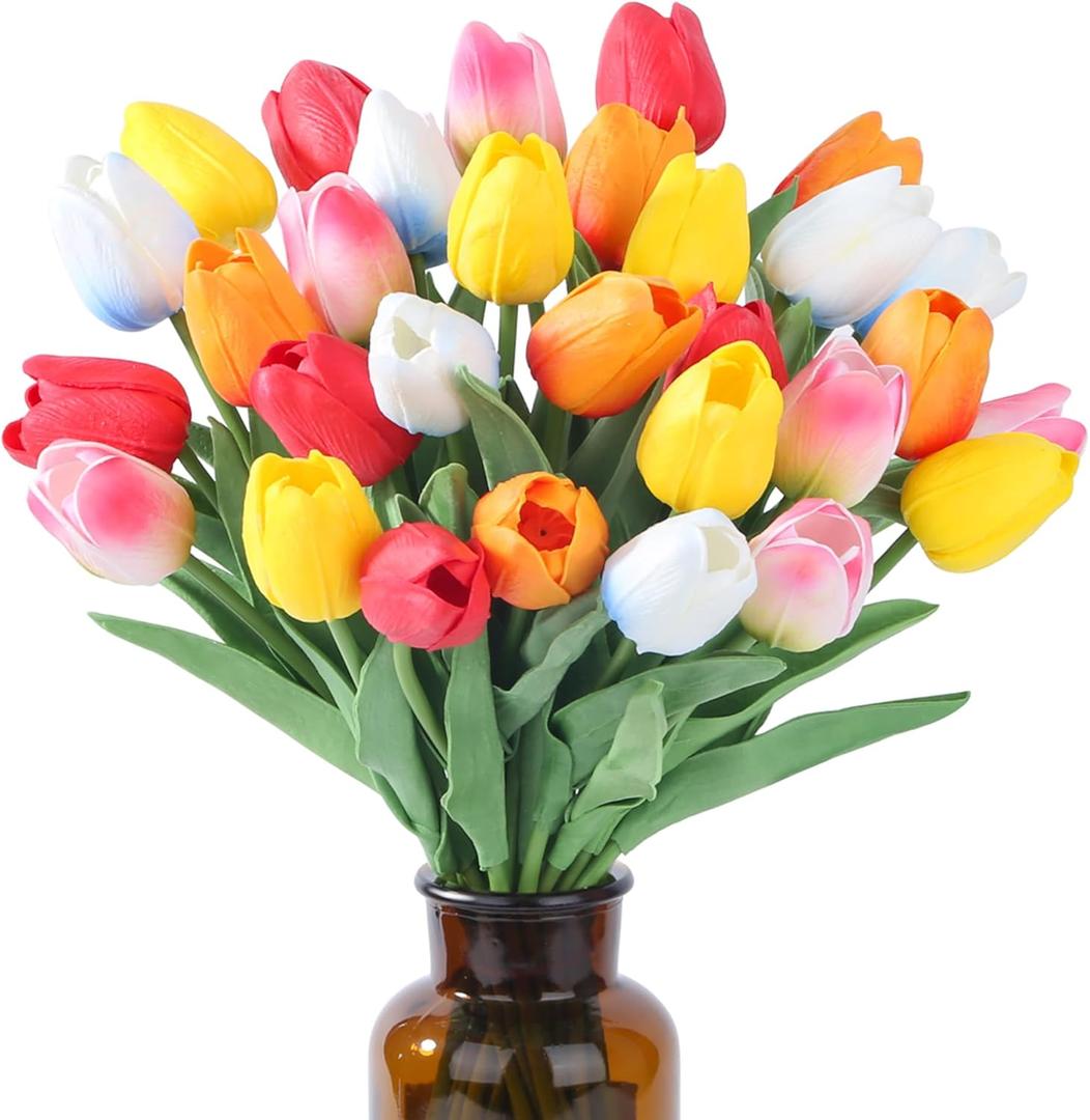 SITUMEIZI Fake Flowers Tulips Artificial PU Flower 15pcs Real Touch 14" for Spring Easter Home Kitchen Wedding Bouquet Bulk Mother's Gift Day Decorations(Multicolor,5-4)