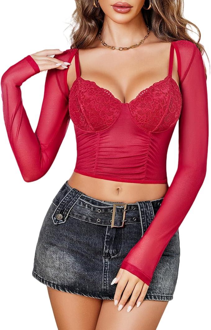 Avidlove Mesh Crop Top with Shrug Long Sleeve Sheer Top Sexy Low Cut Shirt Going Out 2 Pieces Clubwear, Red, XXL