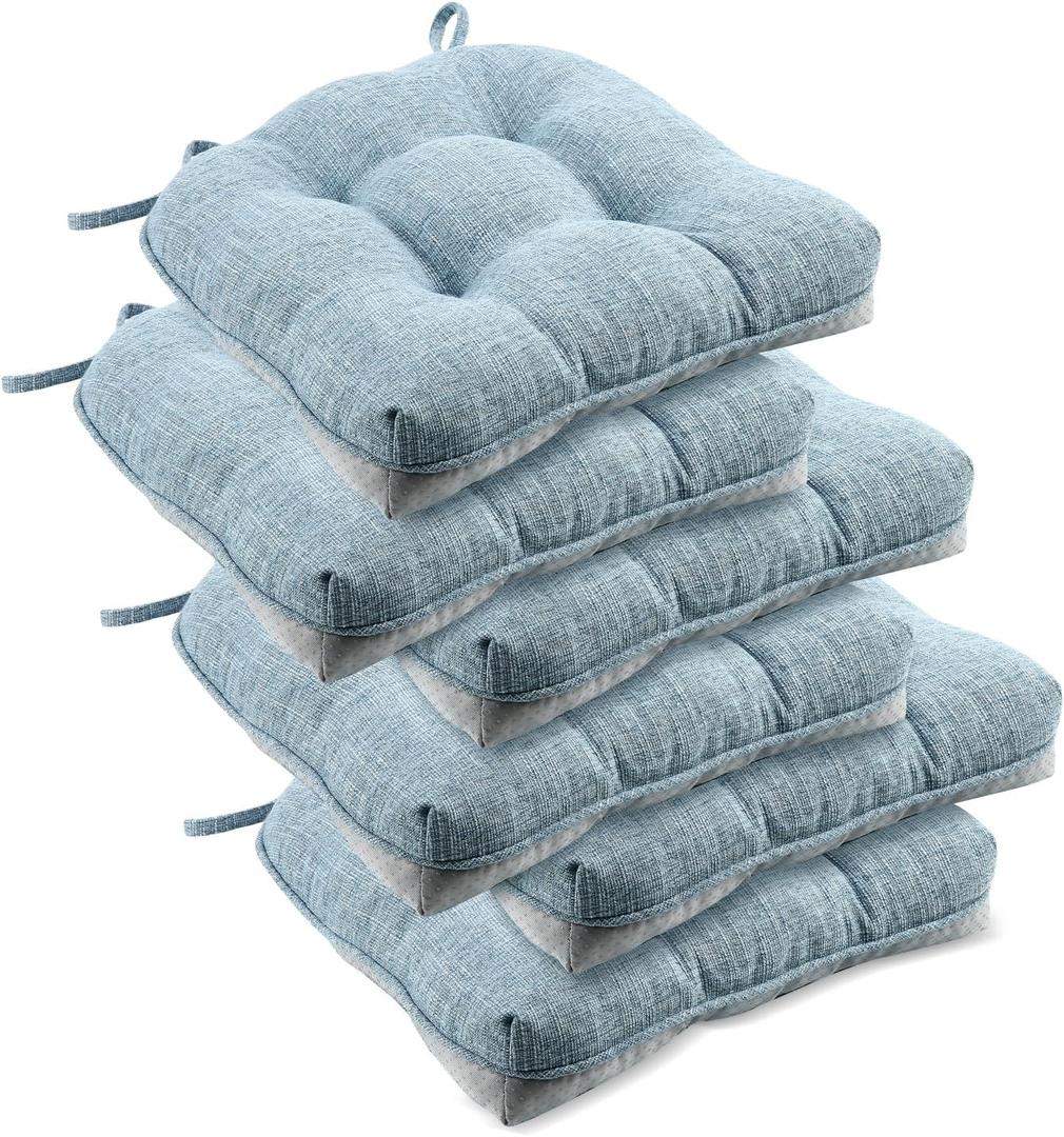 downluxe Indoor Chair Cushions for Dining Chairs, Tufted Overstuffed Textured Kitchen Chair Pads with Ties and Non-Slip Backing, 15.5" x 15.5" x 4", Light Blue, 6 Pack
