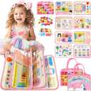 Toddler Busy Board Montessori Toys for Girl Birthday Gift,Educational Learning Sensory Busy Book, Airplane Car Travel Activities Toy for Girl(Pink)