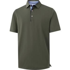 Men's Casual Polo Shirt Short Sleeve Mercerized Cotton Blend Breathable Stretch Classic Fit Business Collared Shirts (Large, Army Green)