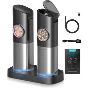 Ultrean Pepper Grinder, Rechargeable Gravity Salt and Pepper Grinder with 6 Adjustable Coarseness, LED Light, One-Hand Automatic Operation, Stainless Steel, Gifts for Fathers Day
