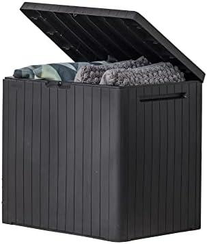 Keter City 30 Gallon Resin Outdoor Storage Box and Patio Furniture Side Table for Pool and Garden Accessories, Dark Grey