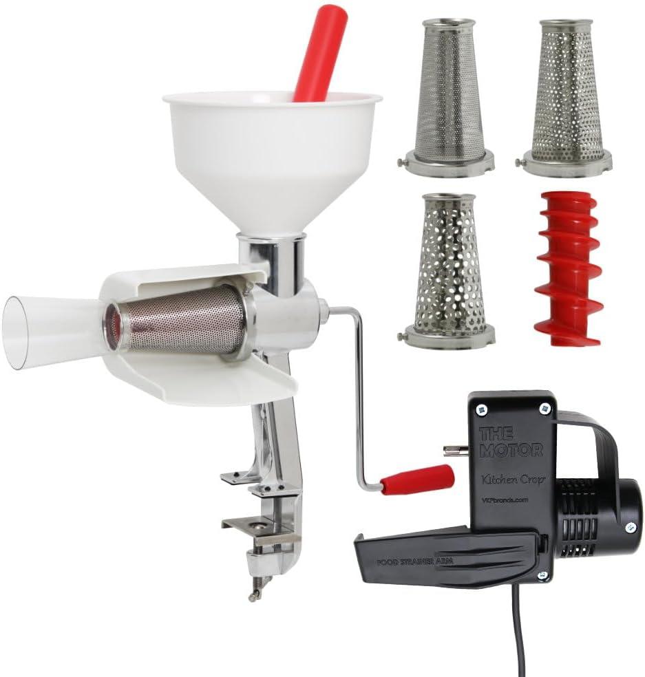 Johnny Apple Sauce Maker, Tomato Sauce Maker, Salsa, Pumpkin Puree, Remove Skins & Seeds From Produce, Model 250 Clamp Based Food Strainer with Electric Motor (Strainer + Motor + Accessories)