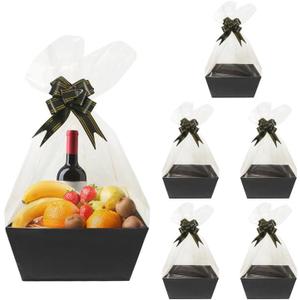 Worown 6 Pack Black Cardboard Basket for Gifts Empty, 8 x 10 Inch Kraft Basket Kit with Bags and Pull Bows for Packing Gift on Easter, Christmas, Birthday, Wedding