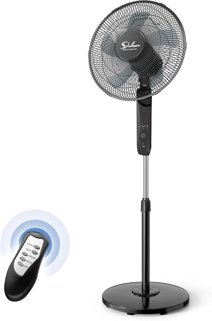 Simple Deluxe 16" Pedestal Fan for Bedroom, 75 Oscillating Standing Floor Fan with 3 Speeds, Powerful 20ft/s Airflow, Adjustable Height & Tilt, Remote Control, for Home & Office (16 Inch New)